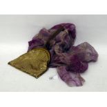 Early 20th Century gold lame evening purse and a vintage chiffon evening shoulder cape with ruched