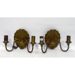 Pair of gilded brass two-light wall brackets, each having scroll branch and applied to