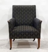 19th century armchair in a blue ground patterned upholstery, square section tapering supports, to