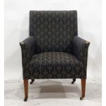 19th century armchair in a blue ground patterned upholstery, square section tapering supports, to