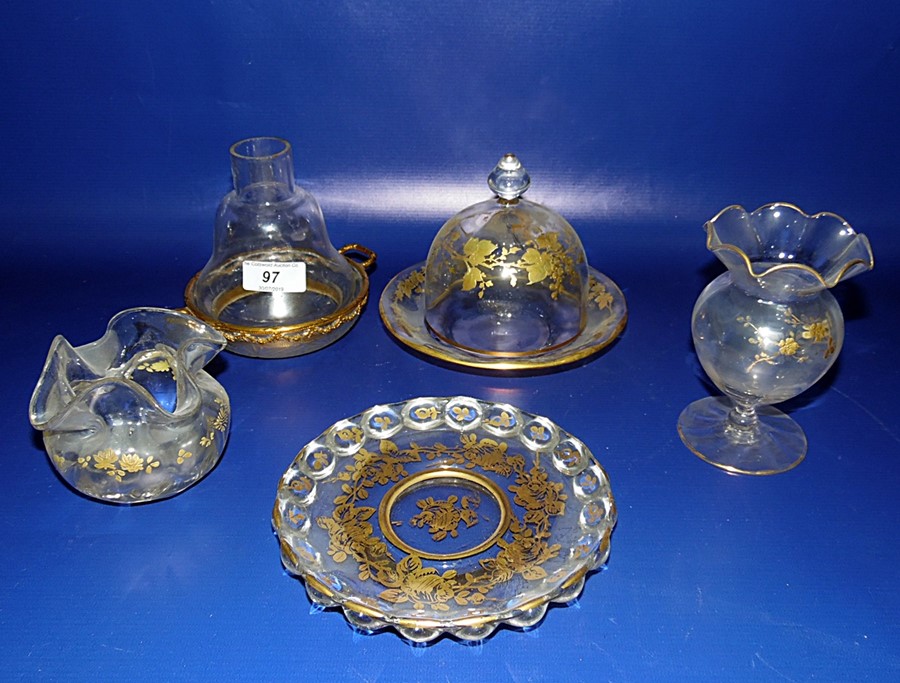 Gilt and clear covered butter dish with fruiting vine decoration, dome cover with pointed finial,