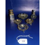 Gilt and clear scent bottle, square with panelled stopper, a pair gilt and clear salts, circular,