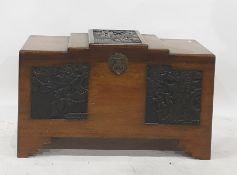20th century Chinese camphorwood lined blanket chest, the stepped top with carved central panel, the
