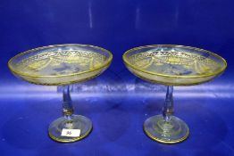 Pair Late Victorian/Edwardian gilt and clear comports each with floral and swag decoration on