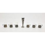 Small Birmingham silver stem vase, the body decorated with floral sprays and a set of six silver and