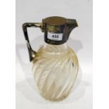 Silver-mounted glass claret jug with glass wrythen body, with hallmarked silver handle and lid by