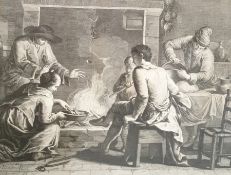 Italian black and white engraving after Maggiotto , Cottage scene with figures cooking over a fire,