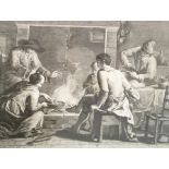 Italian black and white engraving after Maggiotto , Cottage scene with figures cooking over a fire,