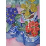 Watercolour drawing  Diana Mayers "Primary polyanthus" still life study ,signed, 35 x 24cm