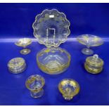 Three gilt glass comports with floral swag and fern decoration, two covered powder bowls, a fruit