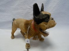 Early 20th century papier mache pull-along French bulldog automaton with nodding head, pull chain