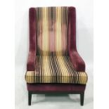 Pair of high-backed chairs in pale ground and plum striped Zoffany upholstery