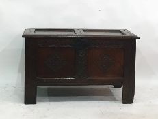 18th century oak coffer with lunette carving to the frieze, two diamond carved panels to the