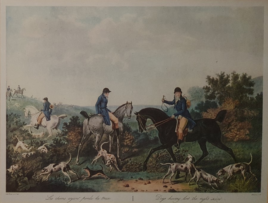 Colour print after H Alken, colour print after Vernet by Darcis "Les Jockeys Montes", two hunting