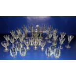 Cut glass part suite of various stemmed wines with panelled tapering bowls and various other