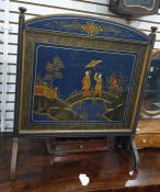 Late 19th/early 20th century blue ground chinoiserie decorated firescreen, 53cm x 60cm