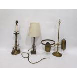 Brass oil lamp with single scroll arm and counterbalance on cylindrical stem, two other various