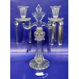 Regency-style cut-glass candelabrum with pair scroll branches, prismatic cluster drops to the