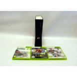 Xbox 360 together with Kinect, steering wheel controller and assorted sports and racing games to