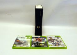 Xbox 360 together with Kinect, steering wheel controller and assorted sports and racing games to