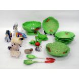 Carlton Ware majolica green-glazed part salad service, leaf and tomato-moulded, to include: a footed