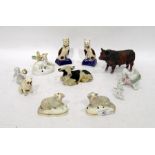 Pair Staffordshire pottery model sheep, Beswick model bulldog in white, 19th century porcelain sheep