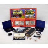 Quantity of sundry collectables to include replica and commemorative coins, bank notes, two