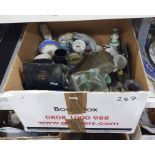 Box of assorted cups, saucers, ornaments, coins, collectables etc