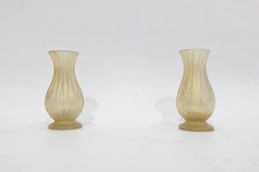 Amethyst glass bottle vase and pair of miniature verre eglomise baluster vases, footed and ribbed,