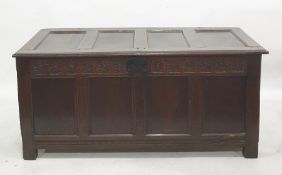 18th century oak coffer with four panelled front to stile supports, 152cm x 70cm