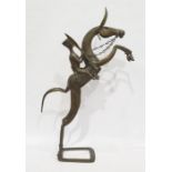Bronze model of stylised rearing horse having separate rider with spear and flat topped hat 72cm