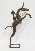 Bronze model of stylised rearing horse having separate rider with spear and flat topped hat 72cm