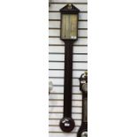 Mahogany stick barometer, the rectangular brass face inscribed ‘Colin Campbell, Mill Timber 1844’,