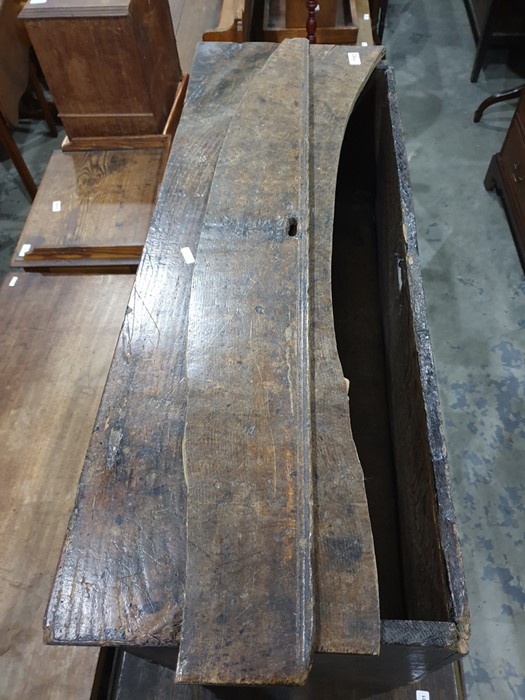 A 17th century six-plank oak chest, 88cm x 44.5cm  Condition ReportThe lid is damaged see attached - Image 2 of 2