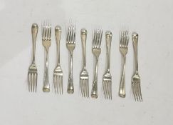 Nine assorted London silver forks, various makers and dates, feather edged, 10 troy oz approx
