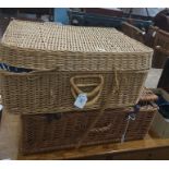 Wicker picnic basket by Optima, with fittings and plastic items and another fabric-lined basket (2)