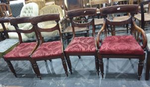 Set of four (3+1) mahogany framed dining chairs on reeded supports to peg feet (4)