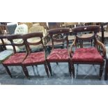 Set of four (3+1) mahogany framed dining chairs on reeded supports to peg feet (4)