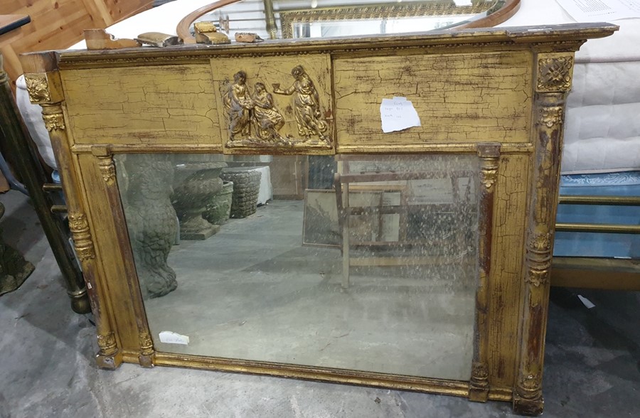 A 19th century overmantel mirror, gilt finished, the top bearing classical scene above the