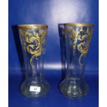Pair clear and gilt vases, circular and slightly panelled with gilt scroll decoration, panelled