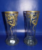 Pair clear and gilt vases, circular and slightly panelled with gilt scroll decoration, panelled