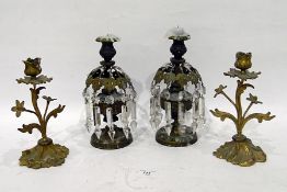 Pair of gilt metal and cut glass lustre table candlesticks, each with twelve cut prismatic drops,