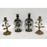 Pair of gilt metal and cut glass lustre table candlesticks, each with twelve cut prismatic drops,