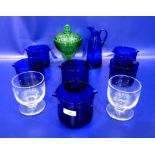 Set of six glass rinsers, glass jug, green moulded cover comport and two rummer style goblets