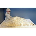 Chiltern doll with night gown and cap, and faux fur shawl