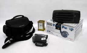 Baward French brass carriage timepiece in corniche case 15cm high, Sony camcorder and an eco pond