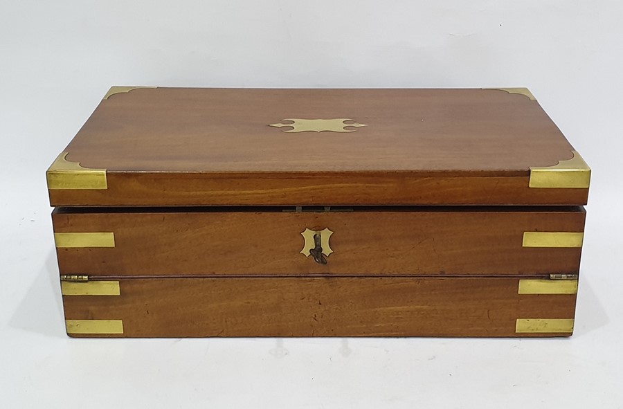 19th century mahogany writing slope with brass inlay to the centre and brass bindings - Image 2 of 2