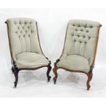 Pair of walnut framed salon chairs with button upholstered backs, serpentine front rails, on