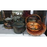 Various brass and copper ware including pans, kettles, coal, log carrier, etc