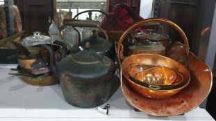 Various brass and copper ware including pans, kettles, coal, log carrier, etc